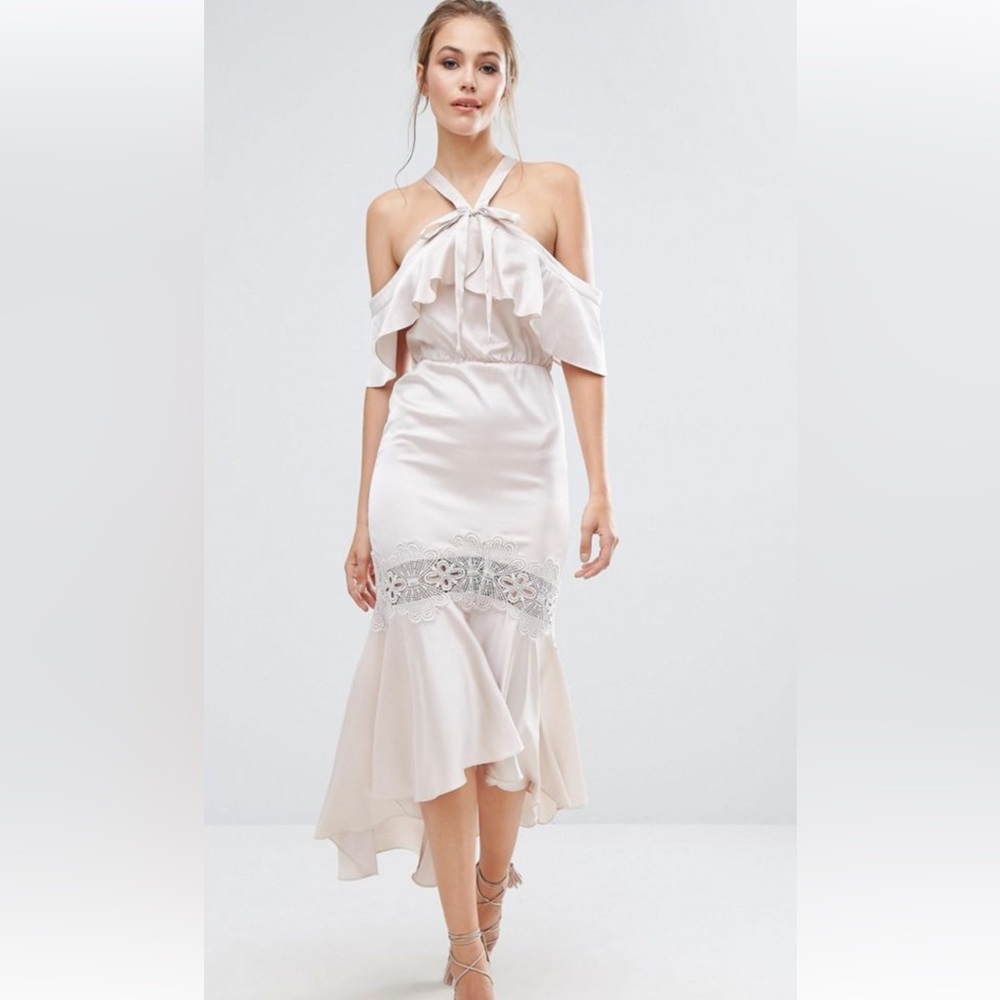 Satin Bardot Dress with lace insert